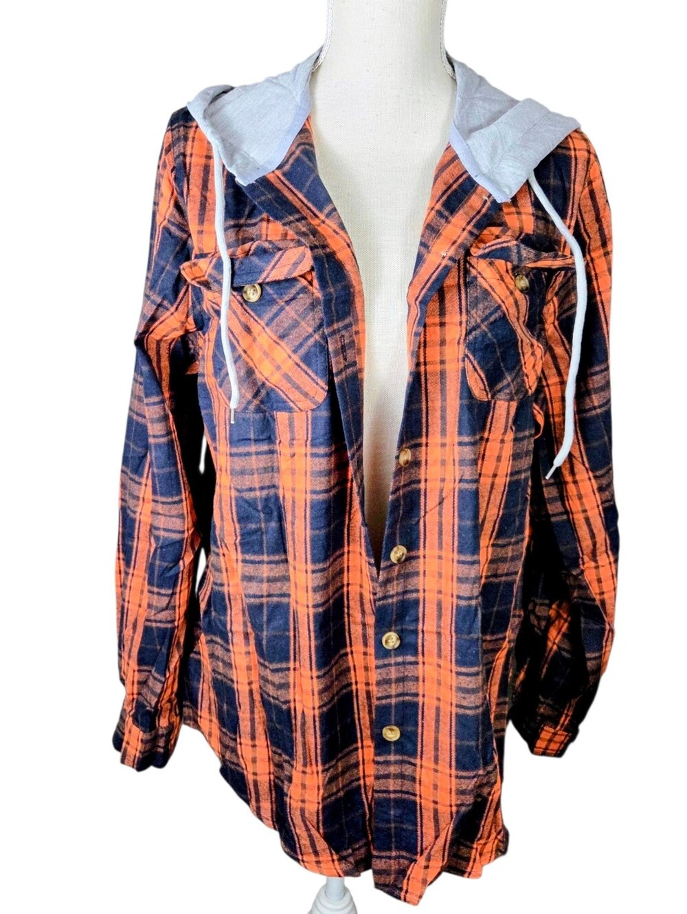 🔥4/$20 Derbars Flannel Style Shirt With Hood Large Blue/Orange **CRACKED BUTTON